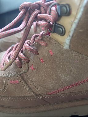 UGG Kids Brown Suede Boots with Pink Laces and Stitching